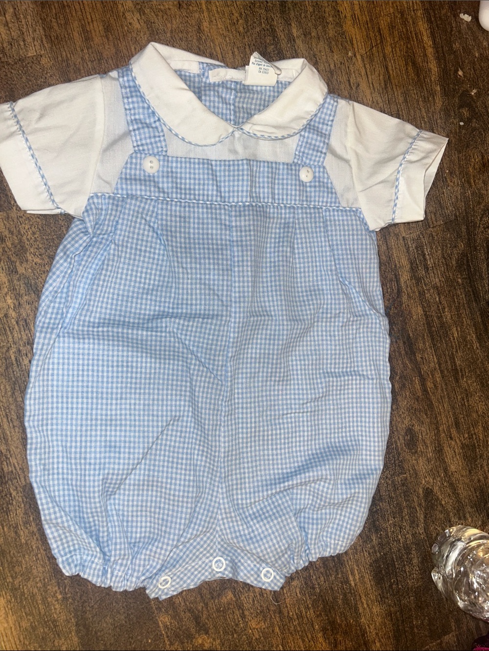 Blue Gingham Baby Bubble Romper with White Collar vintage